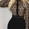 LW Plus Size Vintage Eleganta klänningar för kvinnor Autumn Geometric Print Långärmad bälte Design Office BodyCon Dress 240415