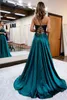 Sexy Backless Turquoise Royal Blue A Line Prom Dresses Spaghetti Straps Appliques Satin Long Evening Gowns With Front Split BC14978