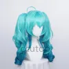 Peruk vokaloid miku yeşil gradyan kıvırcık 55cm uzunluğunda cosplay perukları ile çip atış kuyruğu ile cadılar bayramı parti kostüm perukları + peruk kapağı