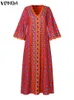 Plus Size 5xl Vonda Women Long Dress Bohemian Vintage drukowana impreza Maxi Sundress Summer Sexy V Neck 3/4 Sueve Casual Vestidos 240320