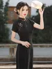 Roupas étnicas Jovem elegante senhora estilo preto jacquard cheongsam primavera / verão chinês manga curta vestido diário wearable