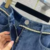 Kvinnors jeans raka kvinnor höga midja fickor metallkedjor dekoration blå casual denim byxor för