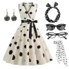 Robe Rockabilly pour femme, robe évasée à pois, avec ensemble d'accessoires, boucles d'oreilles, bandeau, lunettes, gants