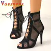 Stiefel Tanzschuhe Modenschau Schwarz Netz Stoff Cross Strap Sexy High Heel Sandalen Frau Pumps Lace-up Peep Toe Mesh