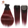 Perucas t1b/99j cor vermelha brasileira borgonha cabelo reto pacotes com fechamento applegirl remy cabelo humano 2/3/4 ombre pacotes fechamento