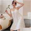 Mulheres sleepwear sling camisola vestido mulheres beleza volta sentido renda elegante pijama solto com almofadas de peito modal algodão branco homewear otkkt