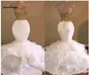Casamento Sexy Mermaid Evening Dresses Gold Appliques Lace Ruffles Tiered Prom Gowns Zipper Open Back Robe De Mariee7840418