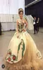 2022 Printed Pattern Embroidered Quinceanera Dress Champagne Beaded Strapless Laceup Satin Sweet 15 Dress Charro Mexico Theme Pro9300213