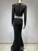 Casual Dresses Luxury Sexy See-through Long Sleeve Black Gauze Patchwork Bandage Dress Fashion Beading Slim Wrapping Hip