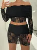 Work Dresses Joskaa Patchwork Lace See Through 2 Piece Set Women Sexy Off Shoulder Long Sleeve Tops And Mini Skirt Matching 2024 Club