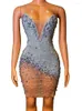 Casual Dresses Sparkly Rhinestones Mesh Transparent V Neck Short Dress For Women Sexy Celebrate Birthday Wedding Evening Prom Show Wear