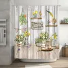 Shower Curtains Farm Flower Curtain Spring Rustic Wood Panel Watercolor Butterfly Pinwheel Family Polyester Print Bathroom Decorative Set