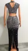 Odefinierad A6992 Nyaste lyxiga korta Top Rhinestone Maxi kjol Tvådel kvinnor set