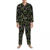 Ropa de dormir para hombre, pijamas con estampado Floral rosa, ropa de dormir de noche suave y bonita con hojas verdes para hombre, conjunto de diseño Vintage de gran tamaño de 2 piezas de otoño