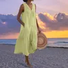 Sukienki swobodne letnia bawełniana lniana damska sukienka w szpic kieszonkową luźne luźne modne modne ubrania na plażę panie