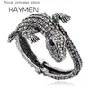 Charm Bracelets New Fashion Animal Style Retro Crocodile Bracelet Antique Gold Plated All Rhinestone Cuff Jewelry 4 Colors Q240322