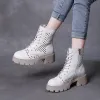 Buty Drkanol Summer Kobiety Kostki 100% prawdziwa skóra pusta oddychana grube buty na wysokim obcasie Buty platformowe H22102F