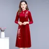 Casual Dresses Velvet Dress Midi Elegant blommig broderad a-line varm snygg för prom eller kvällsfester