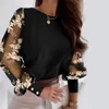 Damesblouses Holle top met patchworkmouwen Elegante lange mesh-blouse met bloemendetail Voor dames Kantoorkleding Mode Ronde hals Herfst