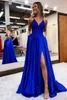 Backless Turquoise Sexy Blue Royal A Line Prom Robes Spaghetti STAPS APPLIQUES SATIN Longues robes de soirée avec front