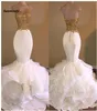 Casamento Sexy Meerjungfrau Abendkleider Gold Applikationen Spitze Rüschen Tiered Prom Kleider Reißverschluss Open Back Robe De Mariee4446560