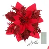 Dekoracje świąteczne 12PCS Glitter Artificial Poinsettia Flowers Ornaments Tree Drzewo Święte dekoracje imprezowe łodygi i klipsy 220912 Drop d dhkx6