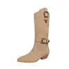 Stivali LeShion Of Chanmeb Donna Pelle scamosciata di mucca Designer Doppia fibbia per cintura Western Cowboy Donna Maillard Marrone Scarpe a punta 40