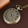 Pocket Watches Bronze Hollow Quartz Analog klocka med halsband män Kvinnor Antik stil hängande klocka gåvor gammaldags tidstycke