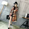 American Womens Autumn and Winter Plaid Lapel Mid Length Color Matching Retro Trench Coat Long Sleeve Coat Windbreaker 240311