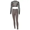 Pantalon de deux pièces pour femmes Sexy 2 tenues de club pour femmes vêtements de festival maille pure patchwork crop top et leggings ensemble fête d'anniversaire