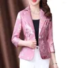 Women's Suits S-3XL Women Blazer Jacket Flower Print Three Quarter Sleeve Slim Loose Spring Summer Autumn Middle Age Mother Plus Size Pink