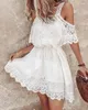 Lässige Kleider Damen Süßes Kleid Kalte Schulter Kontrast Spitze A-Linie Mini 2024 Sommer Neueste Halbarm Rückenfrei Übergroßer Rock