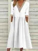 Party Dresses 2024 Autumn Cotton Linen Oversize Women's Long Dress White V-hals LACE LOOK A-LINE Female Trendiga damkläder