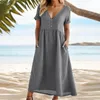 Vestidos casuais mulheres vestido solto a linha elegante decote em v maxi com bolsos para bainha verão praia mangas curtas