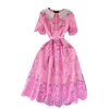 French Fashion High-end Doll Neck Short Sleeved Lace Hook Flower Dress for Women Slim Waist A-line Skirt