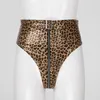 Womens Pu Leather Leopard Sexy Clubwear High Cut Front Zip Up Booty Shorts Pants For Night Club Party Rave Sexy Knickers 240320