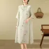 Бальные платья в китайском стиле, винтажное длинное платье с принтом, женское поступление 2024, летнее хлопково-льняное платье с короткими рукавами, женское трапециевидное повседневное B3297