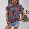 Women's Blouses Ethnic Print Shirt Soft Stretchy Blouse Style Floral Summer With Stand Collar Ruffle Tie Loose For A