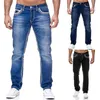 Men Jeans Solid Pockets Stretch Denim Straight Pants Spring Summer Business Casual Trousers Daily Streetwear Mens Clothing 240321