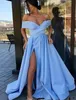 Sexy Aqua Off Shoulders Prom Dresses A Line High Slits Satin Long Formal Party Gowns Fitted Backless Evening Dresses Robes formell6274312