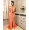 Off the Shoulder Long Evening Dresses Orange Color Pleats Elegant Women Formal Dinner Party Gowns Front Slit vestido noche3990641