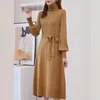 Casual Dresses Red Turtleneck Sticked Dress Women's Autumn 2024 Retro Lantern ärmar Bottom varma tröja julvestidos