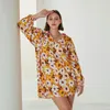 Casual Dresses Puloru Kvinnor Floral Print Shirt Dress Spring Summer Long Bubble Sleeve V-Neck Loose Babydoll för Daily XL-4XL