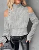 Kvinnors T -skjortor Kvinnor Cold Shoulder Tops 2024 Spring Fashion Button Decor Ribbed Långärmning Slim High Neck Solid Color Temperament