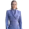 Damen modische Schnür-Schnalle, kurze Jacke, Blazer, Minirock, 2-teiliges blaues Anzug-Set