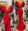 Plus size árabe aso ebi vermelho sereia rendas vestidos de baile ruched inchado mangas curtas frisado sheer pescoço veludo noite festa formal go9027771