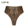 Womens Pu Leather Leopard Sexy Clubwear High Cut Front Zip Up Booty Shorts Pants For Night Club Party Rave Sexy Knickers 240320