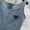 2024 Spring Blue Denim Sleeveless Spaghetti Strap Pockets Women Dress Designer High End Zipper Womens Runway Dress 3214