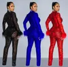 Fashion women's pure-color Splicing mesh bead feather long-sleeved pants two-piece sets of elegant temperament sexy commuter