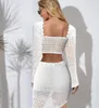 Women Crochet Knitted Skirts Set Long Sleeve Bikini Hollow Out Lace up Swimsuit Cover Ups 2pcs Outfits Swim Beachwear 240320